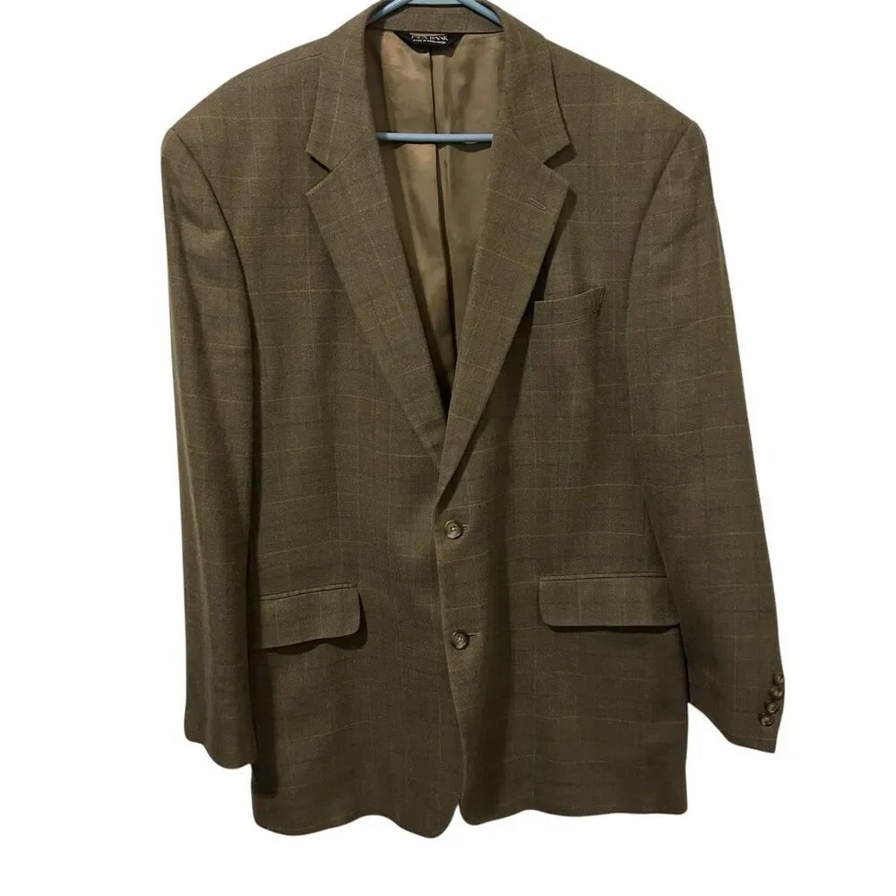 JOS A BANK mens gray PLAID silk + wool sport coat suit jacket blazer 46L